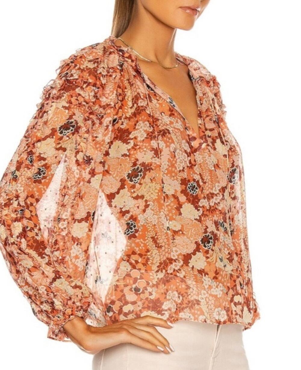 Ulla Johnson Adela Silk Floral Blouse Size 2 Ruffle Tie Neck Metallic Top
